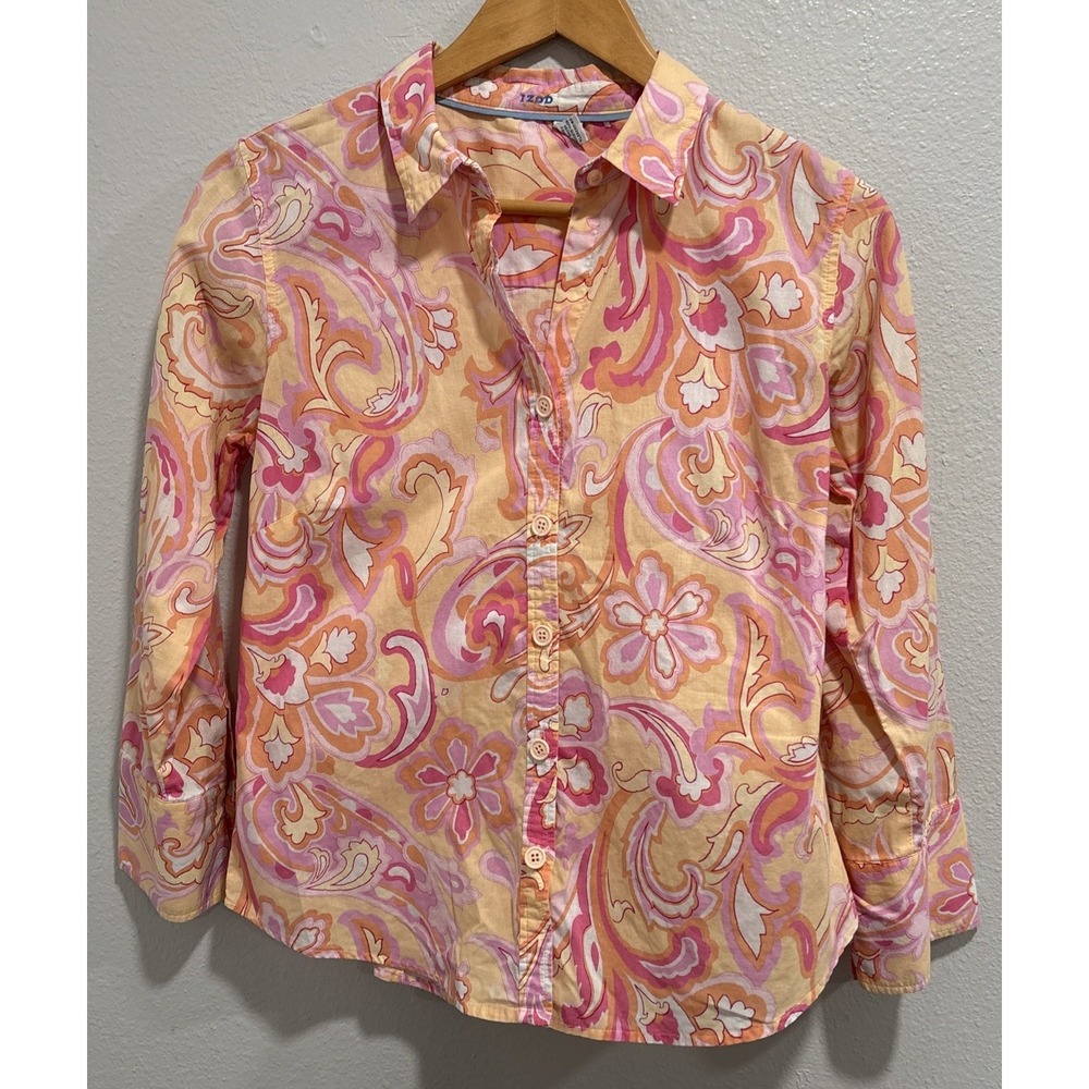 IZOD Button-Up Shirt Pink Paisley 100% Cotton Long Sleeve Blouse Size‎ SP